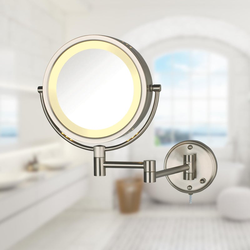 JERDON Wall-Mounted Makeup Mirror with LED Lighting - Direct Wire Lighted Makeup Mirror with 8X Magnification & Nickel Finish Wall Mount - Model HL75ND - Image 5